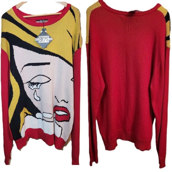 NWT BKYS sweater Men's 3XL Pop art Comic book woman crying Black red yellow Fall - Picture 1 of 15